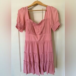 Trixxi Rose-Pink Tiered Midi Dress with Puff Sleeves